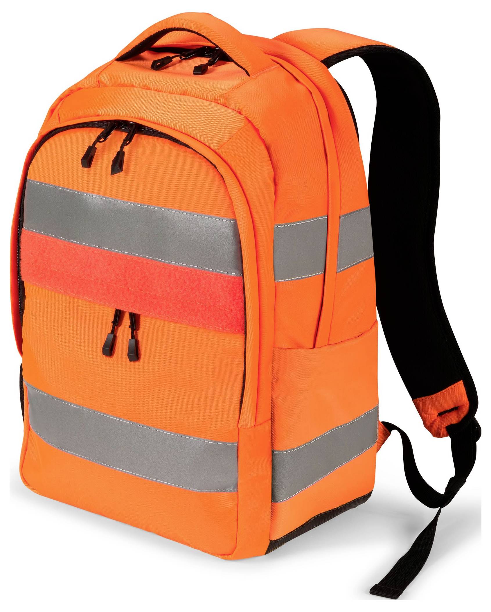 Ein orangefarbener Rucksack mit reflektierenden Streifen, geeignet für erhöhte Sichtbarkeit bei schlechten Lichtverhältnissen.