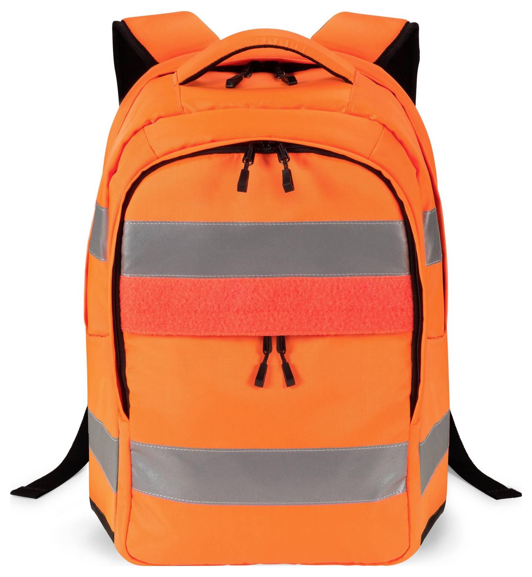 Ein leuchtend orangefarbener Rucksack mit reflektierenden Streifen, geeignet für Sichtbarkeit bei schlechten Lichtverhältnissen.