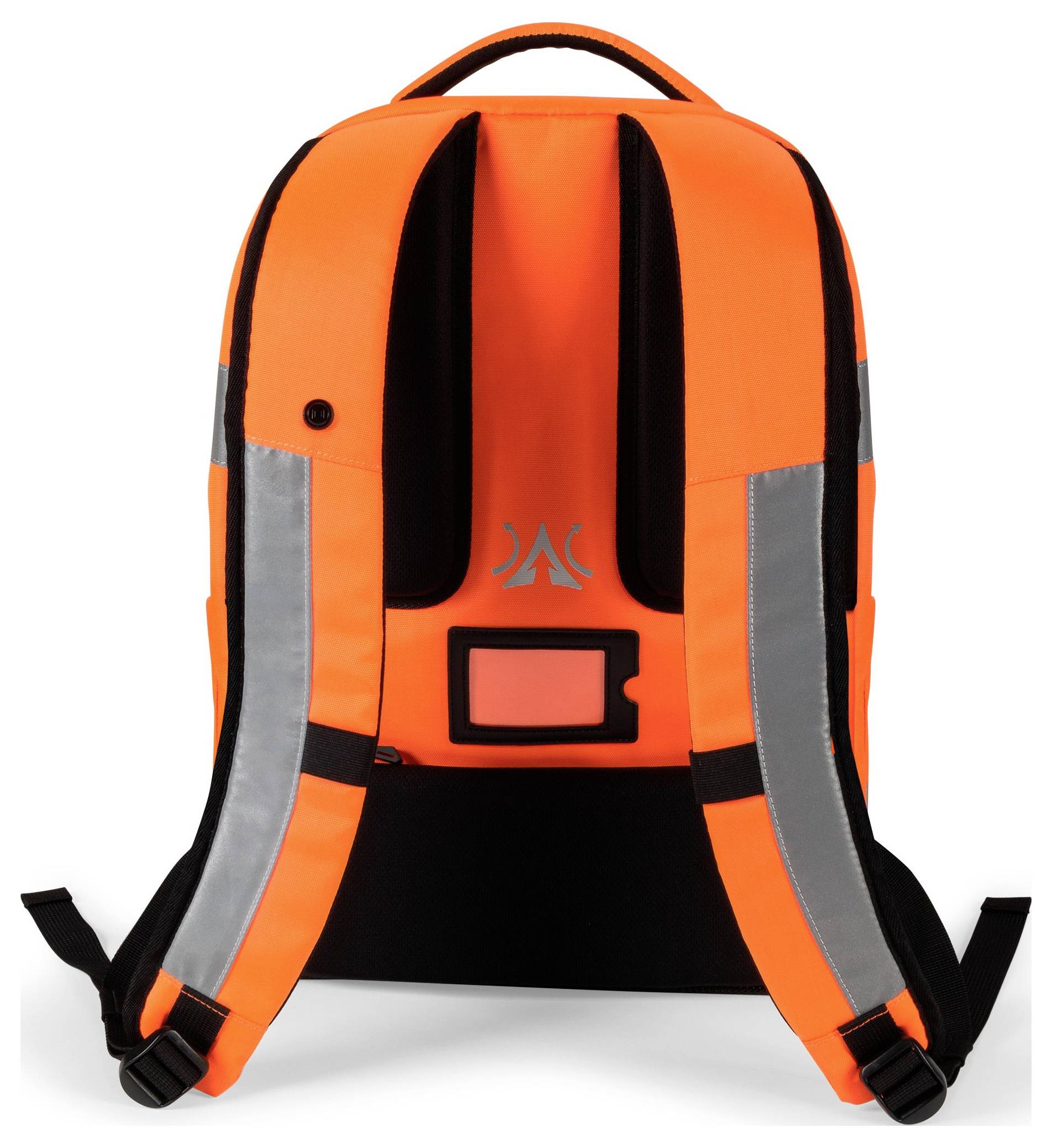 Ein orangefarbener Rucksack mit reflektierenden Streifen und einem kleinen Fach auf der Rückseite. Ideal für Sichtbarkeit bei Dunkelheit.