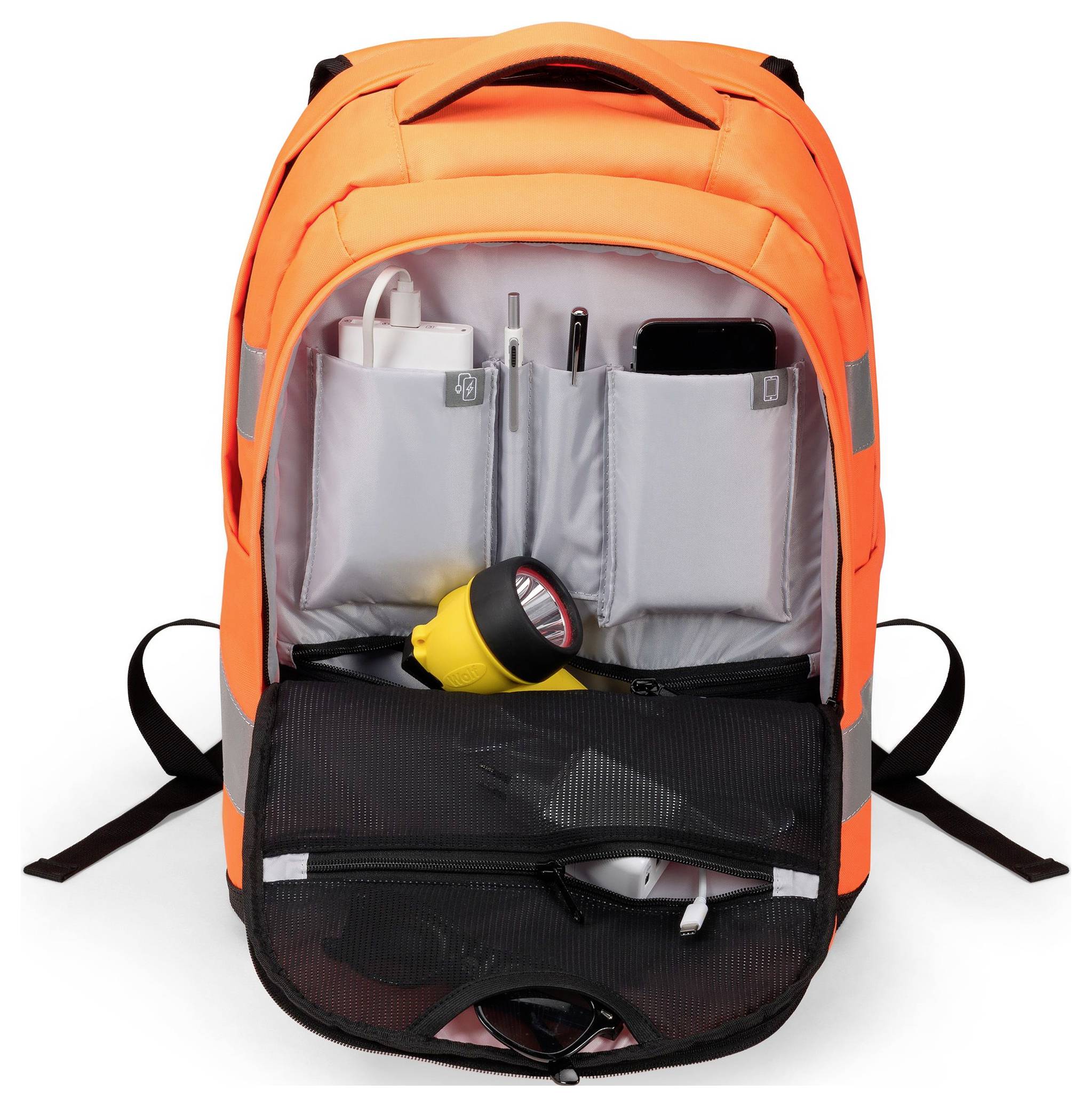 Ein orangefarbener Rucksack mit geöffnetem Fach zeigt Taschenlampe, Ladekabel, Stifte und weitere Gegenstände gut organisiert im Inneren.