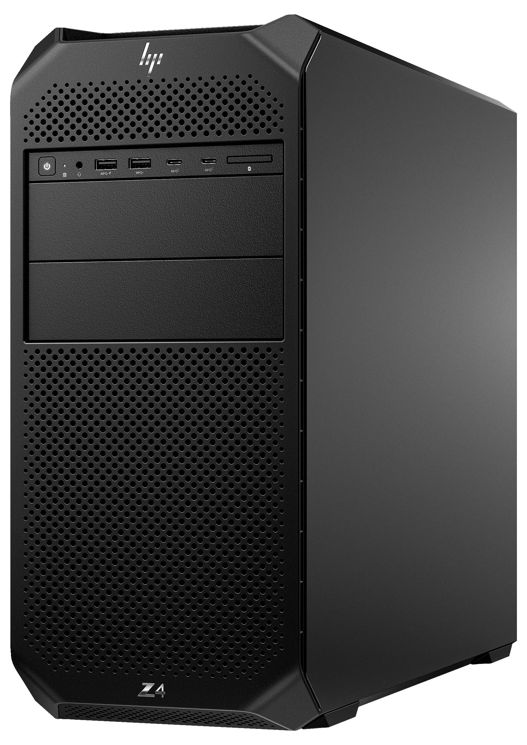 Ein schwarzer Desktop-Computer mit HP-Logo oben, mehreren USB-Anschlüssen und Lüftungsgitter auf der Vorderseite.