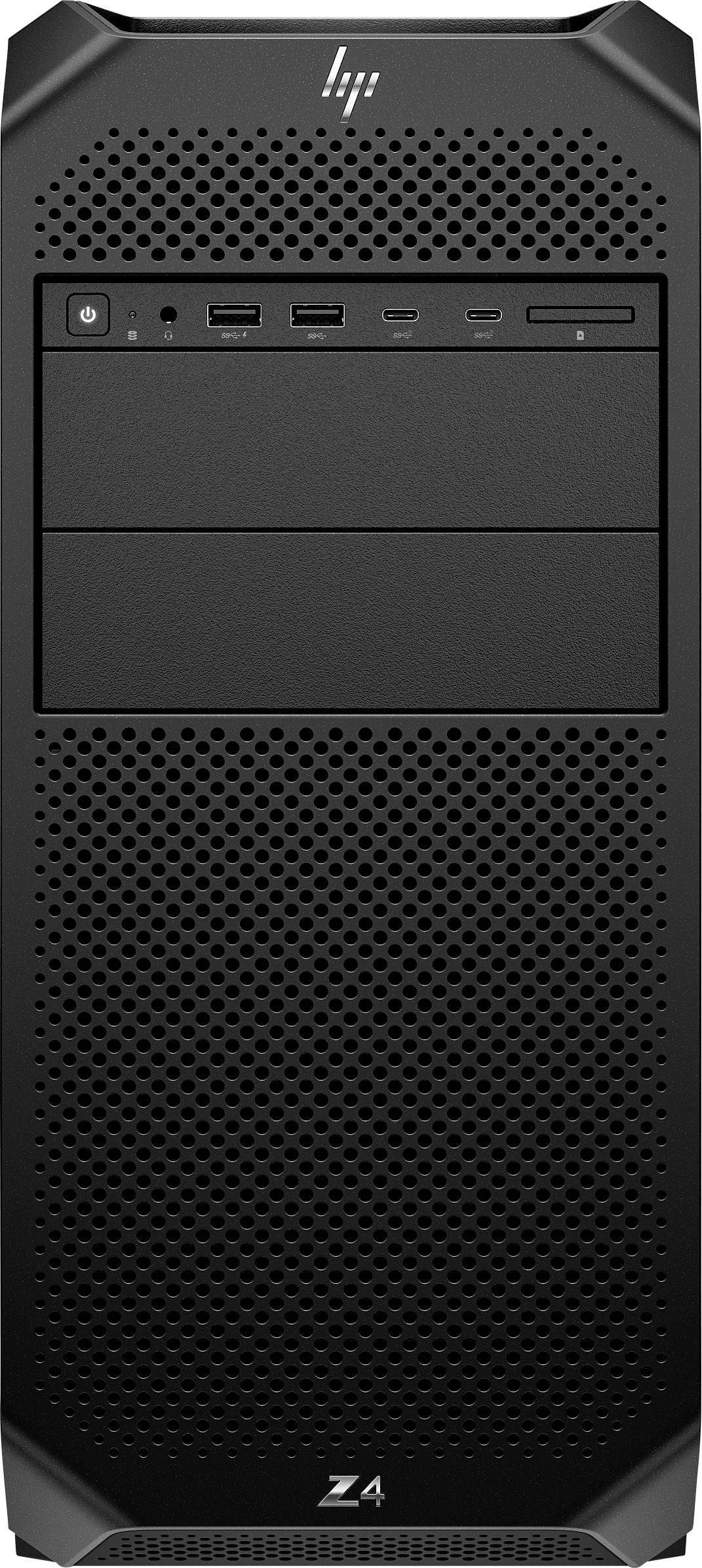 Ein schwarzes Computergehäuse mit Lüftungsgittern und Anschlüssen an der Vorderseite. Oben befinden sich ein Power-Knopf und USB-Ports.
