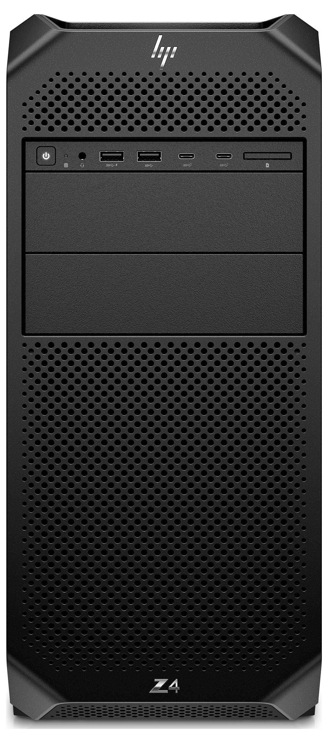 Schwarzer Computer-Tower mit USB- und Audiports vorne, Markenlogo oben. Robust und funktional gestaltet für professionelle Nutzung.