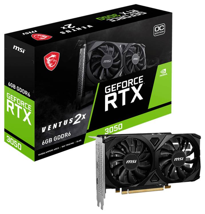 Eine GeForce RTX 3050 Grafikkarte von MSI abgebildet mit Verpackung. Die Karte verfügt über 6GB GDDR6-Speicher und duale Lüfter.