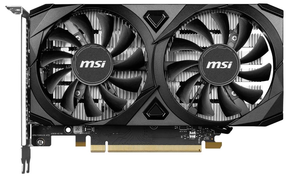 Eine schwarze Grafikkarte mit zwei großen Lüftern, wobei auf beiden Lüftern 'msi' steht. Sie hat einen goldfarbenen Anschluss.