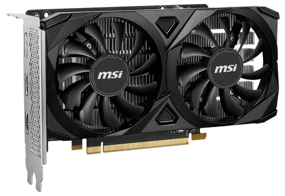 Schwarze Grafikkarte mit zwei großen Lüftern und seitlichem Anschluss. Markenname 'msi' in der Mitte beider Lüfter.