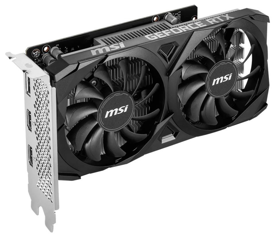 Leistungsstarke schwarze Grafikkarte 'MSI GeForce RTX' mit zwei Lüftern und mehreren Anschlüssen für Hochleistungs-Computergrafik.