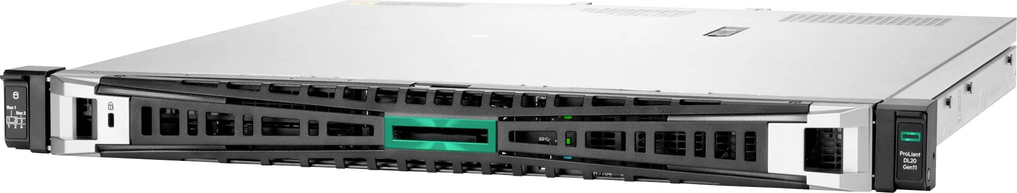 Ein Server mit schlankem, rechteckigem Design. Der Hauptteil ist silberfarben, die Front hat schwarze Gitter und grüne Akzente.