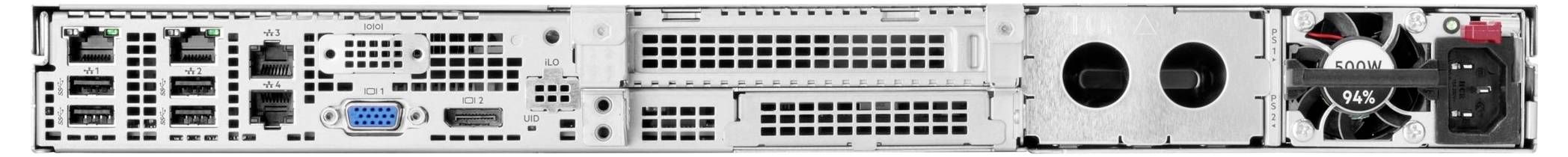 Die Rückseite eines Servers mit mehreren Anschlüssen, Lüftungsschlitzen, einem VGA-Anschluss und einem Stromanschluss.
