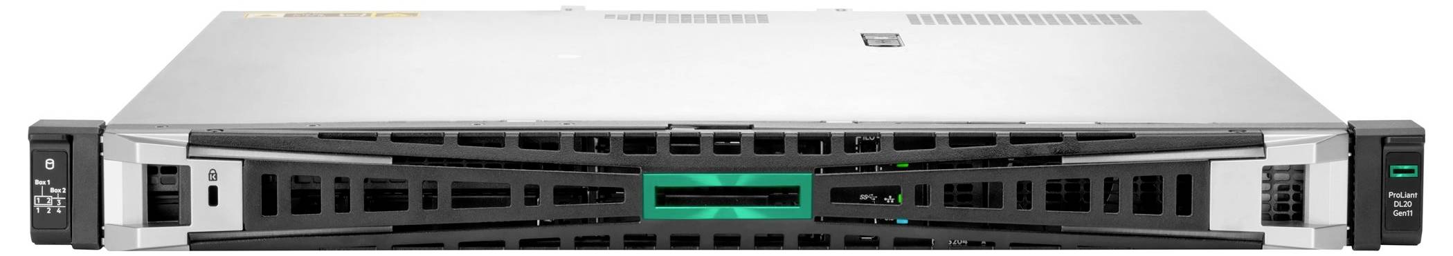 Ein silberner Server mit schwarzen Belüftungsschlitzen und einem zentralen, grünen Akzent.