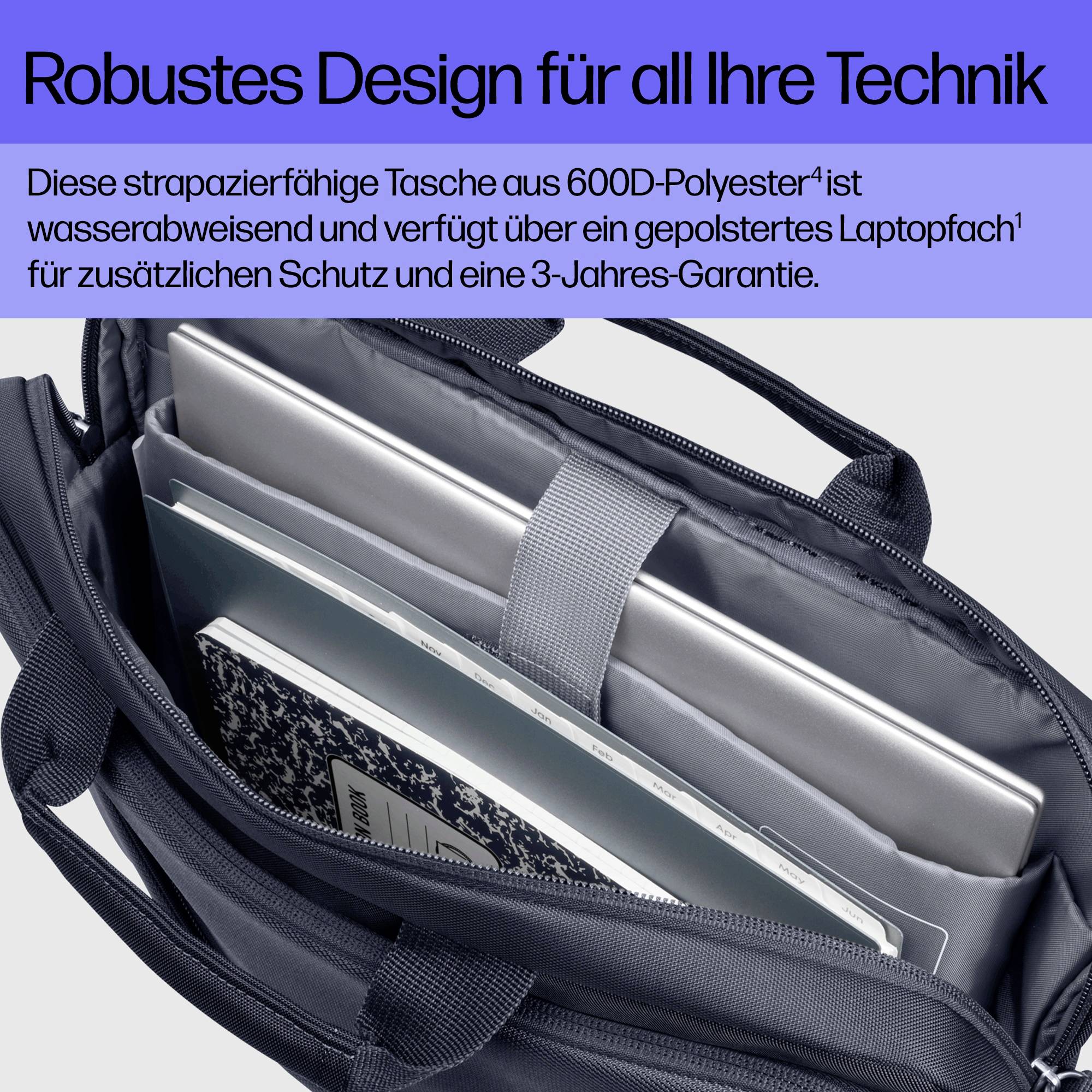 Offene schwarze Tasche mit Laptop und Notizbüchern. Text oben beschreibt die strapazierfähige, wasserabweisende Tasche mit gepolstertem Fach.