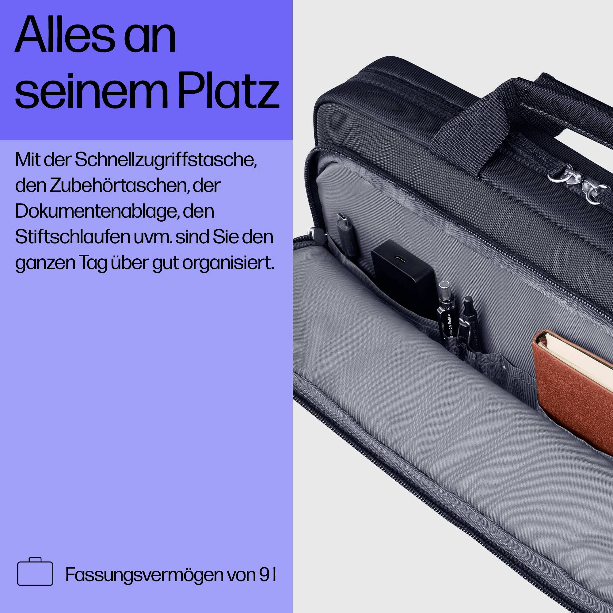 Offene Tasche mit organisiertem Inhalt, darunter Geräte, Stifte und ein Dokumentenfach. Text: 'Alles an seinem Platz'. Fassungsvermögen 9l.