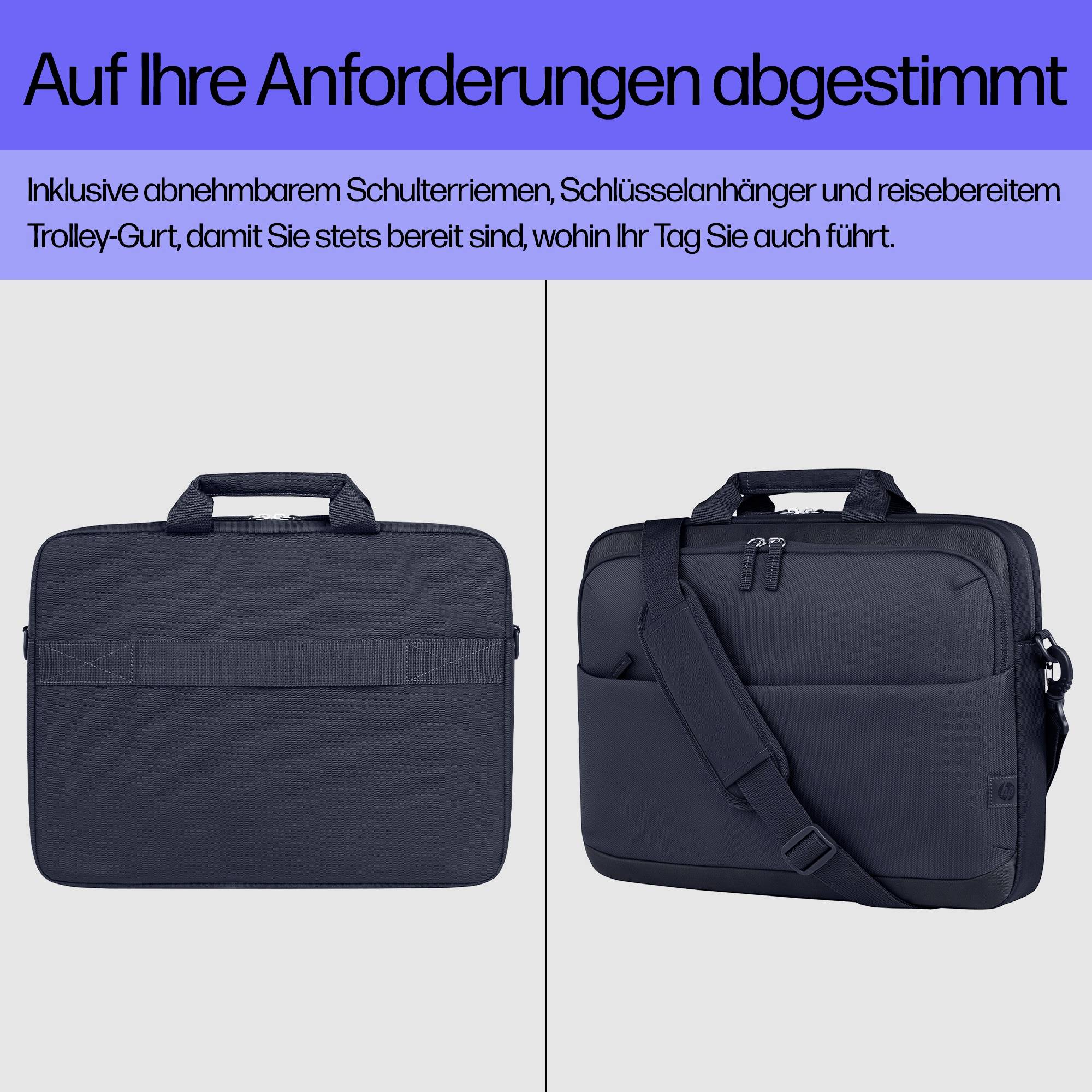 Zwei schwarze Laptoptaschen: eine mit Griffen, eine mit Schultergurt. Passend für Reisen, inkl. abnehmbaren Gurt und Schlüsselanhänger.