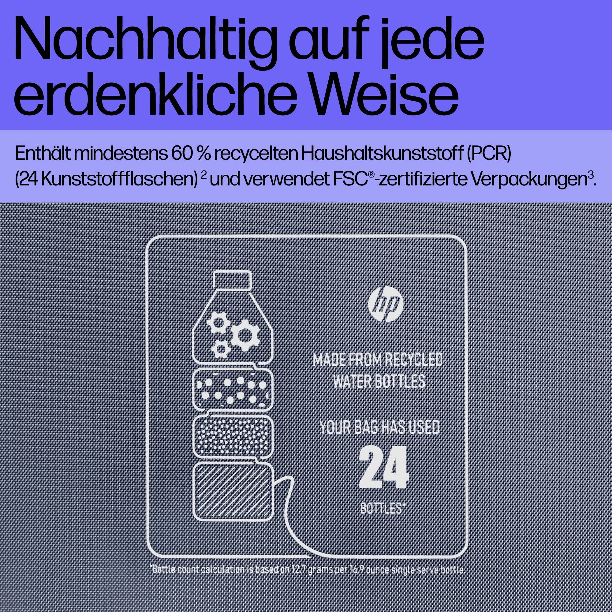 Nachhaltig auf jede erdenkliche Weise: Mindestens 60 % recycelter Haushaltskunststoff, 24 Flaschen pro Tasche, FSC-zertifizierte Verpackung.