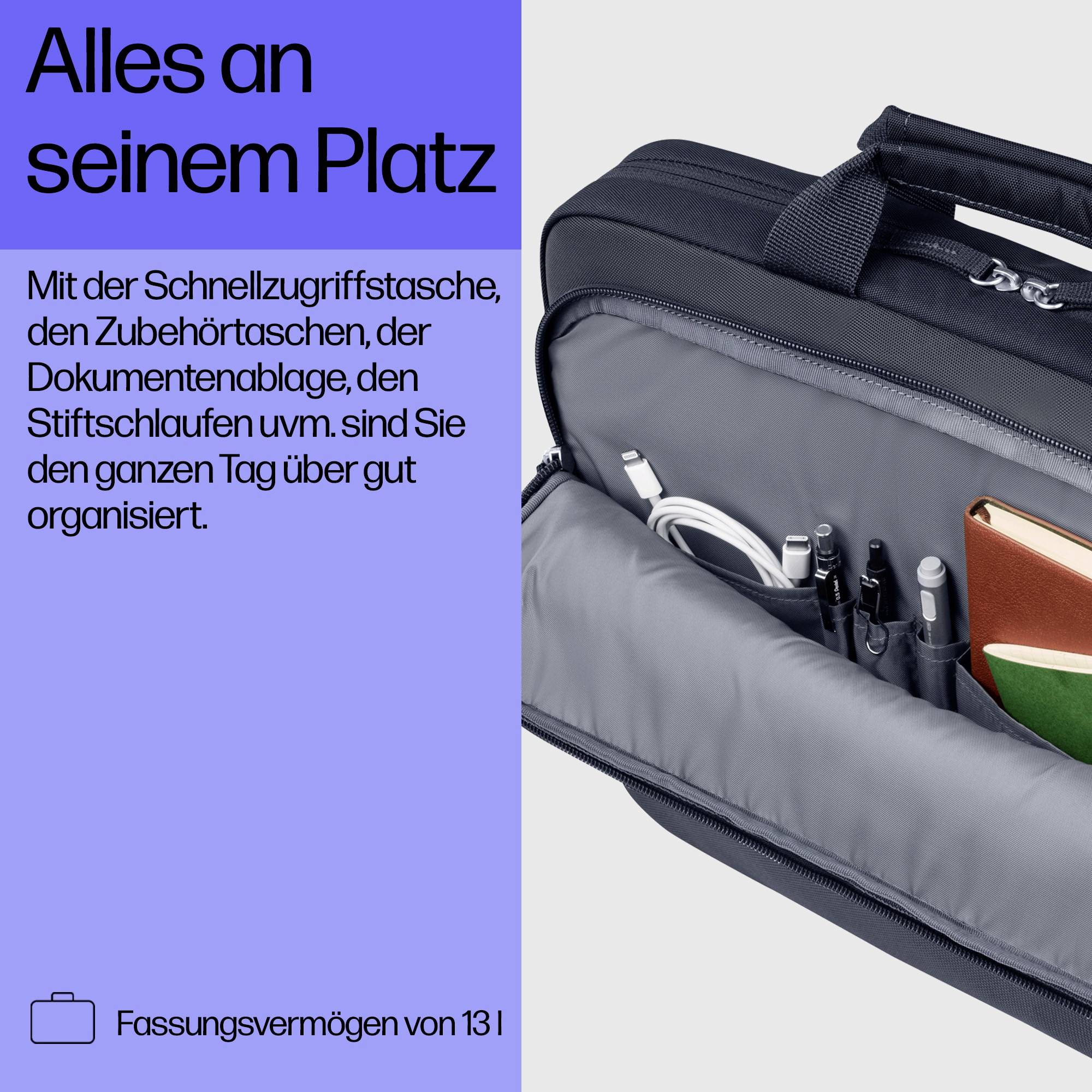 'Alles an seinem Platz' – Geöffnete schwarze Tasche mit Stifthalter, Dokumentenfach und Zubehörschlaufen; Fassungsvermögen: 13 l.