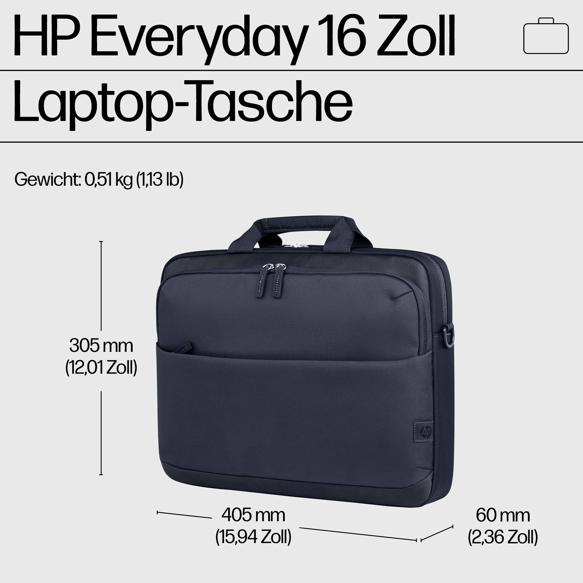 HP Everyday 16 Zoll Laptop-Tasche in Schwarz. Maße: 305 mm x 405 mm x 60 mm. Gewicht: 0,51 kg (1,13 lb).