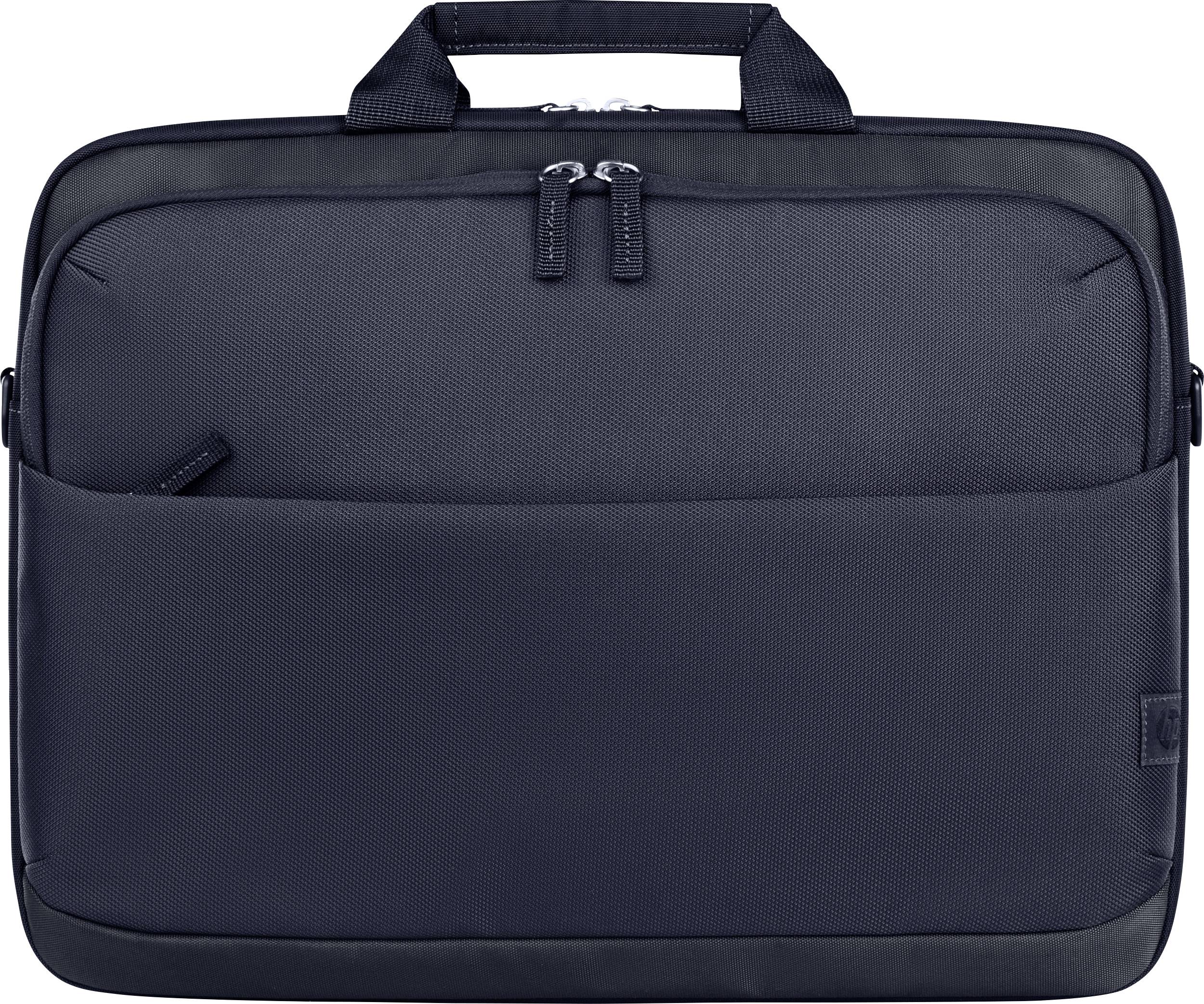 Eine schwarze Akten- oder Laptoptasche mit Reißverschlüssen und einem oberen Tragegriff.