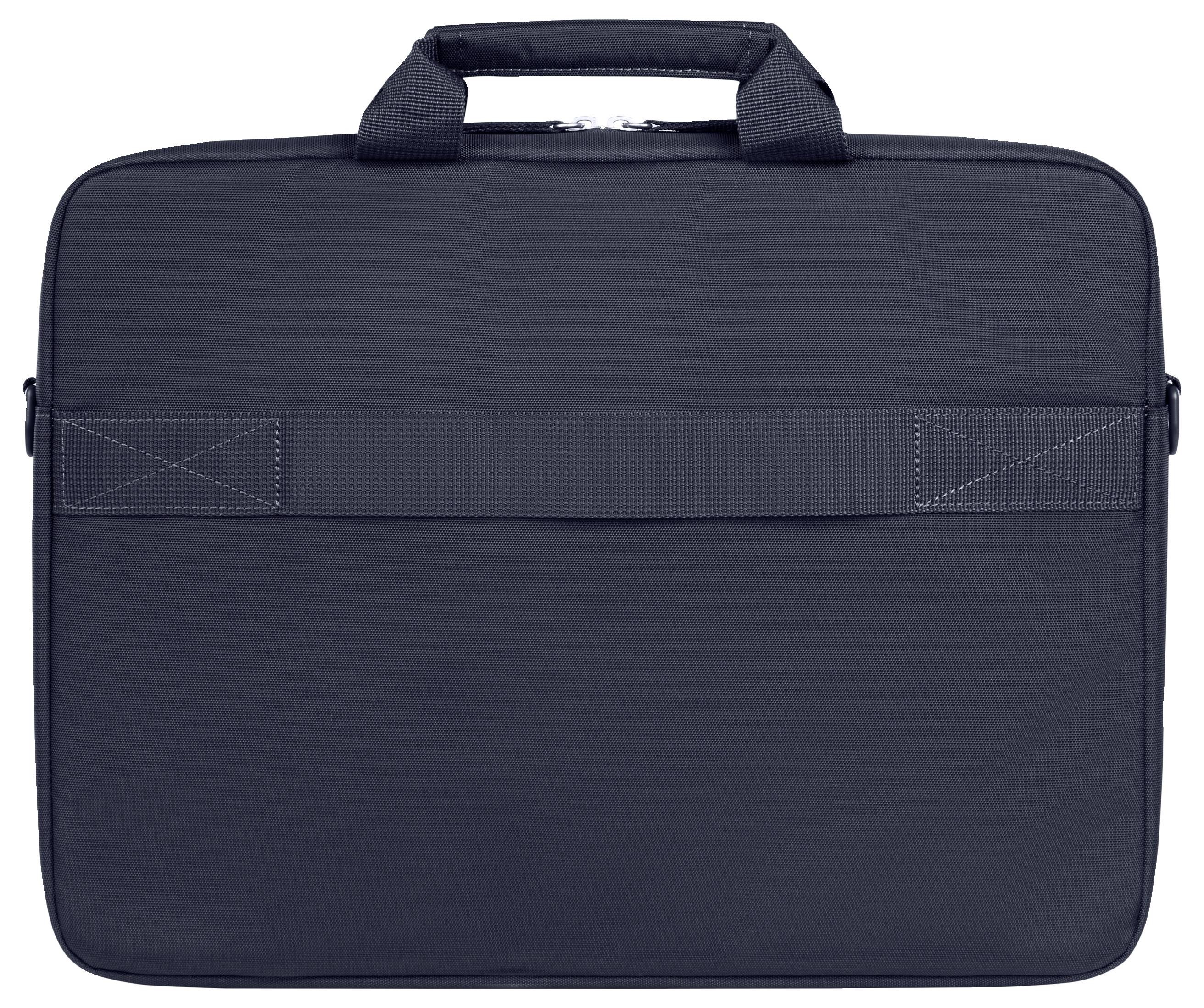 Eine schwarze Laptoptasche mit Griff und Schultergurt, geeignet für den Transport von Laptops und Zubehör.