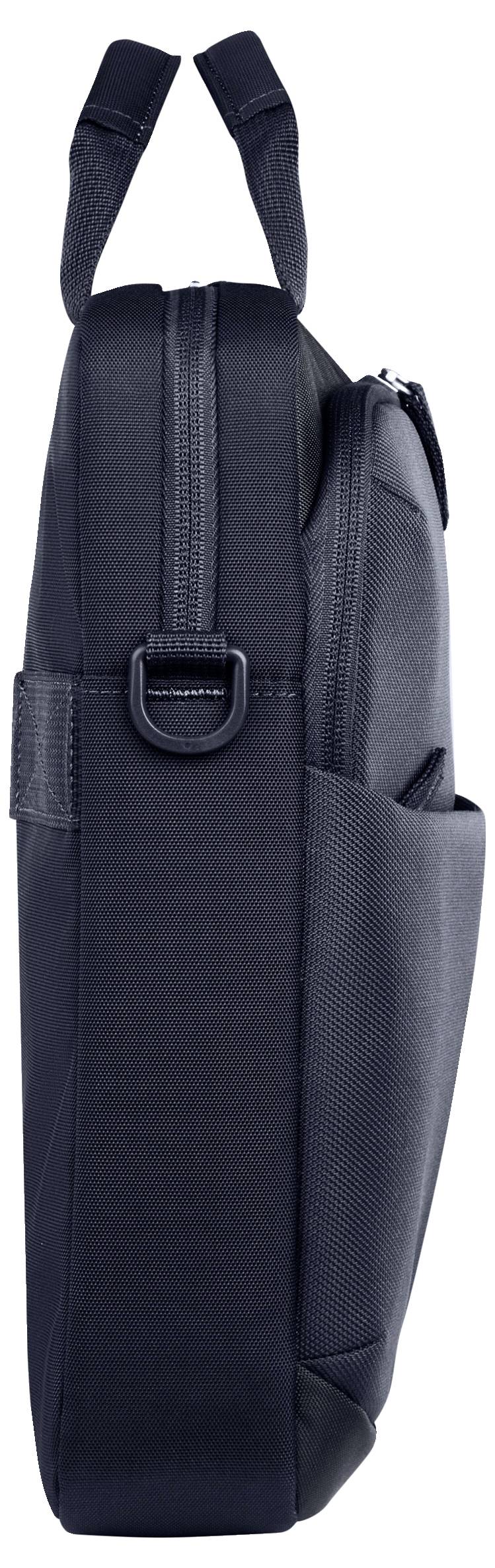 Schwarze Laptoptasche in Seitenansicht, mit Griffen und mehreren Fächern. Geeignet für Business und Reisen.