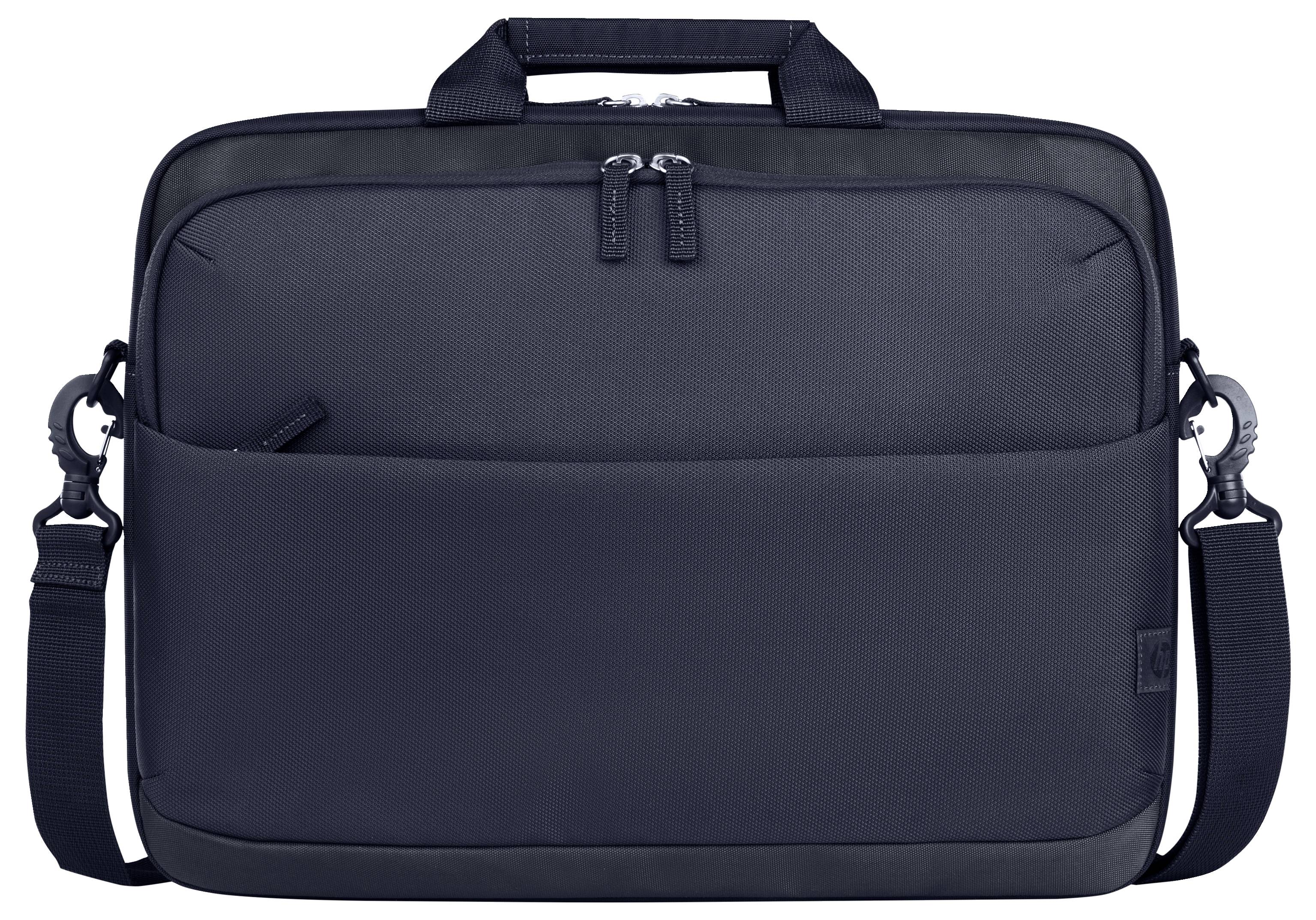 Eine schwarze Laptoptasche mit Reißverschlüssen und Tragegurt, geeignet für den Transport von Elektronik und Dokumenten.