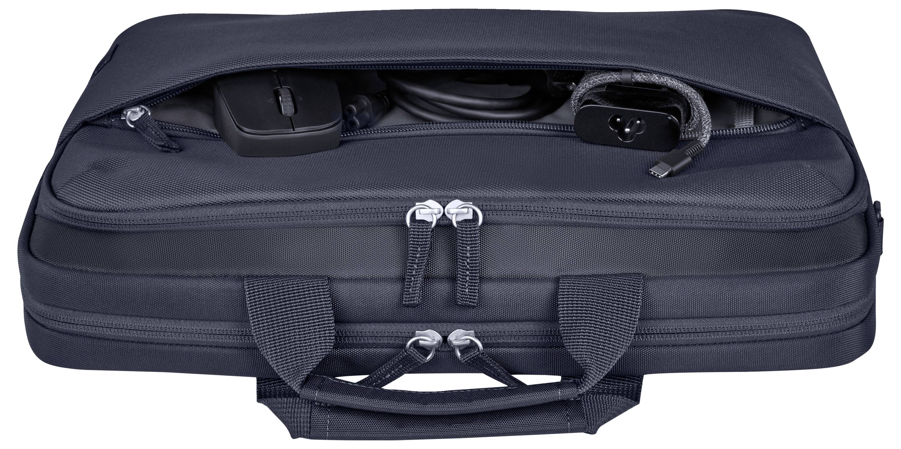 Schwarze Laptop-Tasche mit Reißverschluss, gefüllt mit Kabeln, Maus und Ladegerät, sichtbar durch die geöffnete Vordertasche.