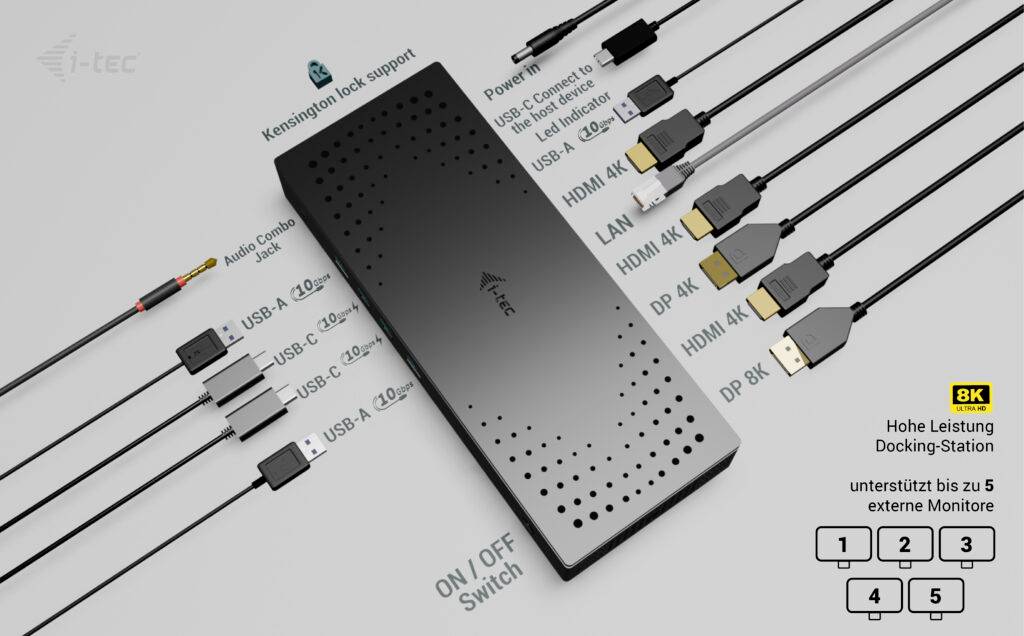 Schwarze Dockingstation mit Kensington-Schloss und mehreren Anschlüssen: HDMI, DP, USB-C und mehr. Unterstützt bis zu 5 externe Monitore in 8K.