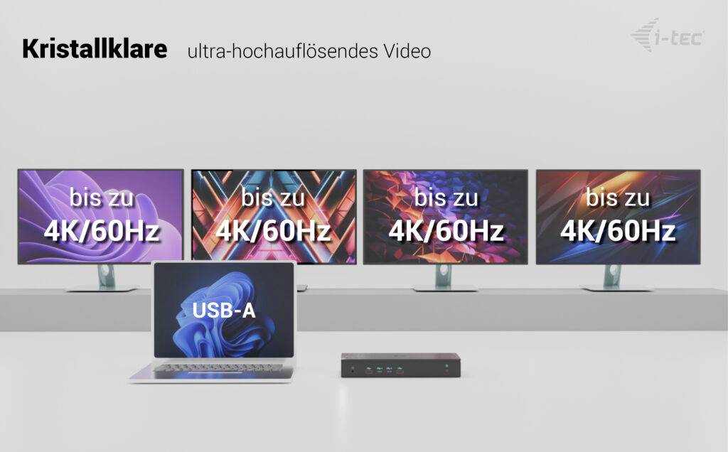 Vier Monitore zeigen 'bis zu 4K/60Hz' mit einem Laptop, der 'USB-A' anzeigt. Geräte präsentieren ultra-hochauflösendes Video.