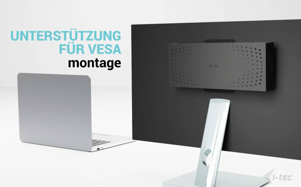 Laptop und Monitor mit Halterung. Text: 'Unterstützung für VESA Montage'.