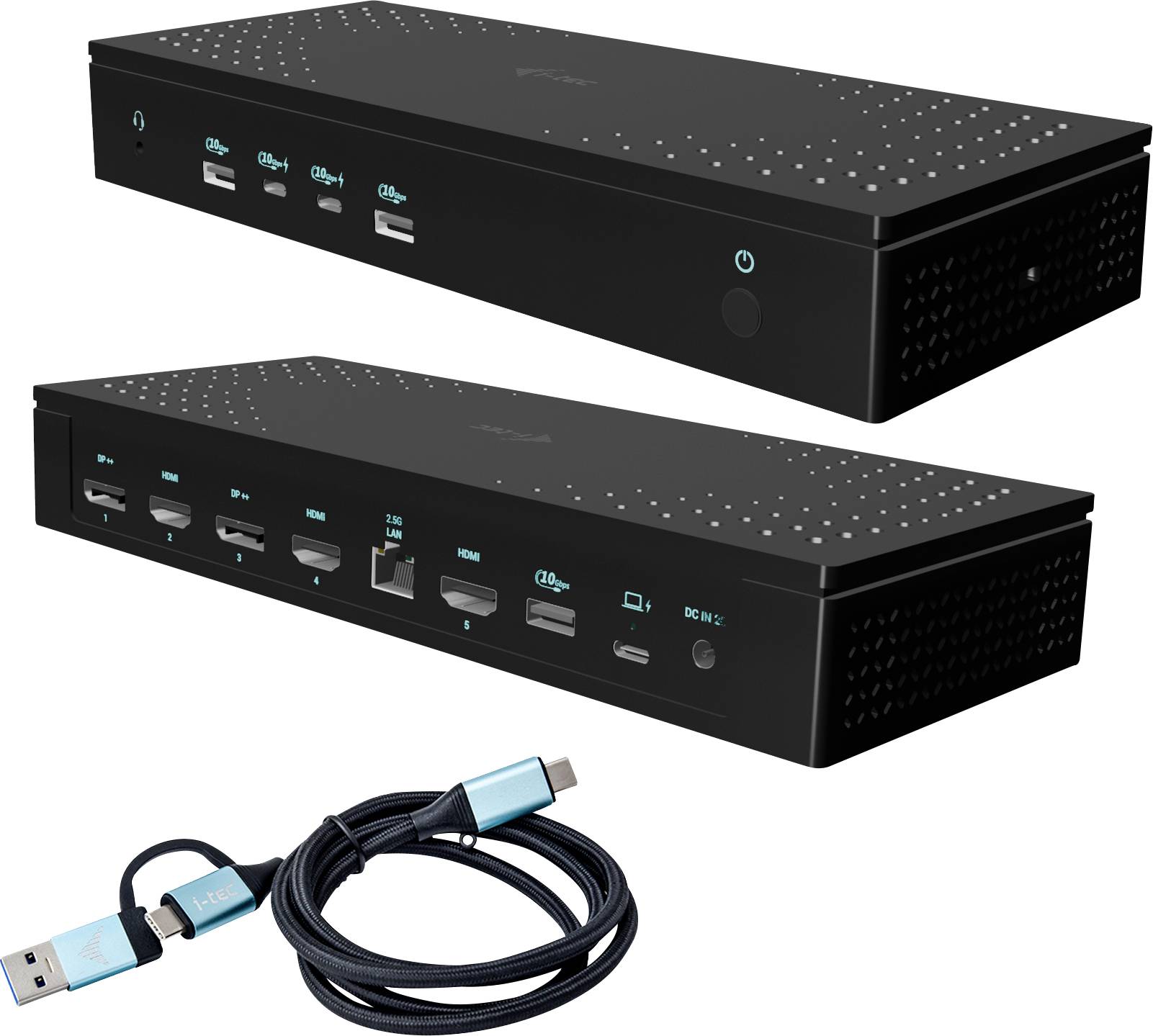 Ein schwarzer USB-C Docking-Station mit mehreren Anschlüssen, darunter USB 3.0, HDMI, Ethernet und ein USB-C-Kabel. Ideal für Geräteverbindungen.