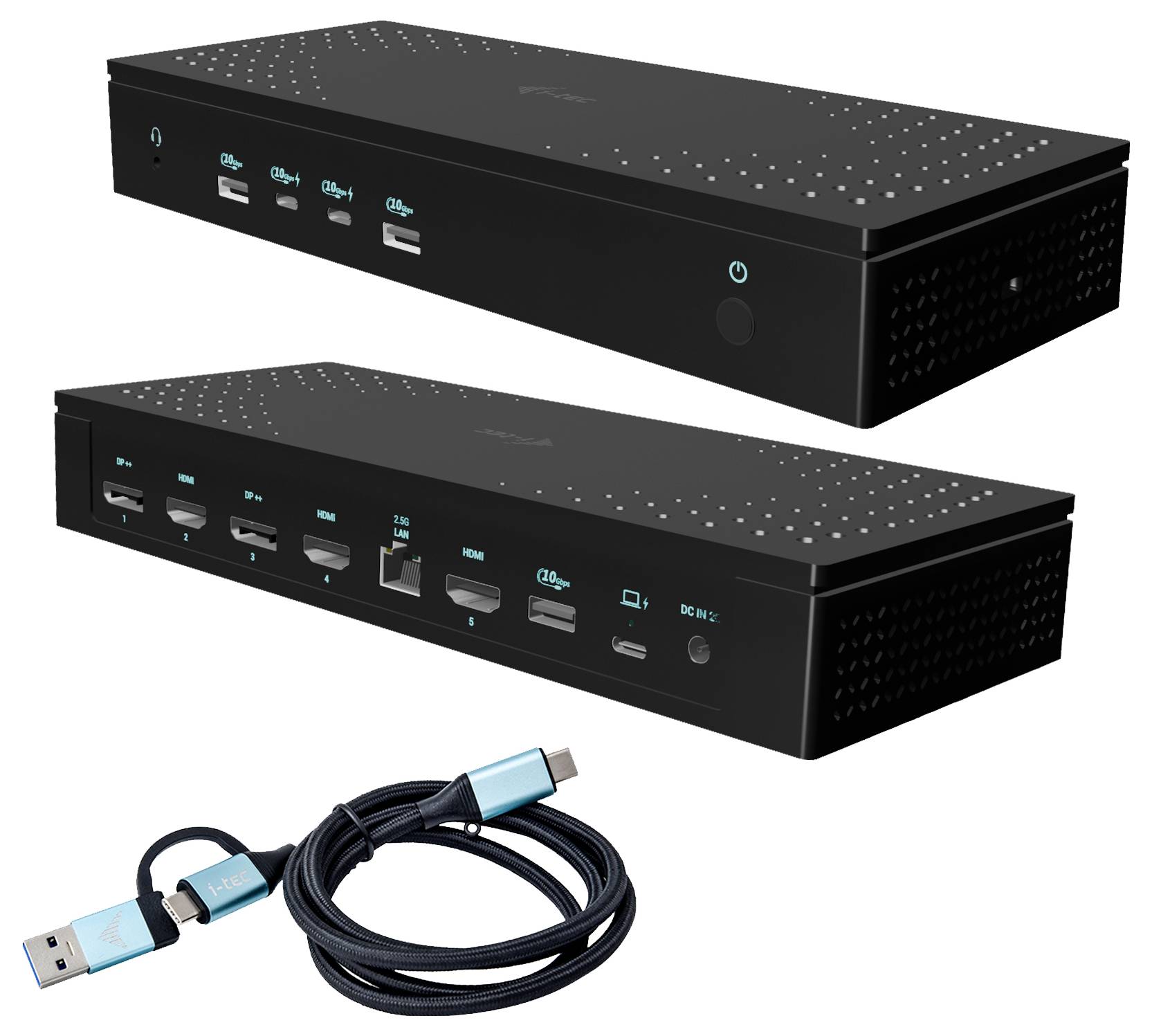 Zwei schwarze elektronische Geräte mit USB-Anschlüssen und ein USB-Kabel. Die Geräte haben mehrere Anschlüsse für verschiedene Verbindungen.