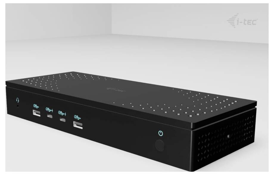 Eine schwarze Dockingstation mit mehreren USB-Anschlüssen, zwei Ethernet-Ports und einem Netzschalter. Markierung: 'i-tec'.
