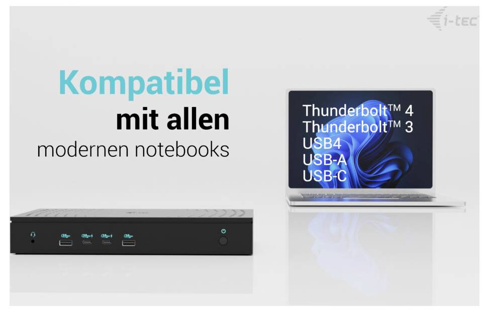 Eine Dockingstation neben einem Laptop. Text: 'Kompatibel mit allen modernen Notebooks'. Laptop zeigt 'Thunderbolt™ 4, Thunderbolt™ 3, USB4, USB-A, USB-C'.