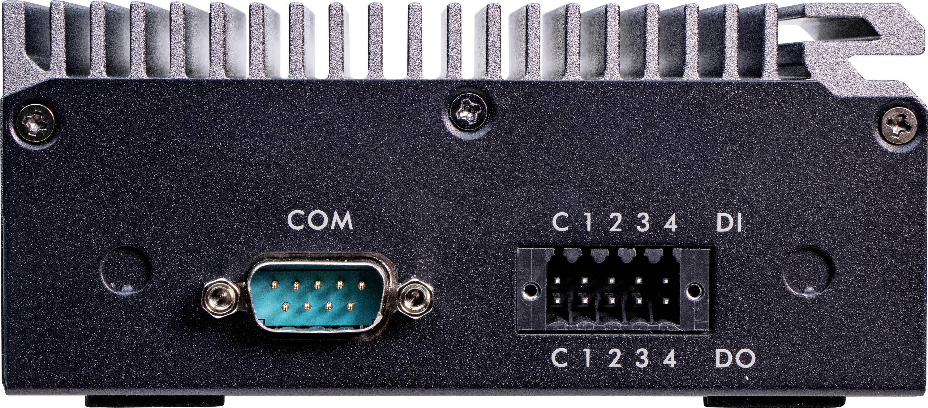 Rückansicht eines elektronischen Geräts mit COM-Anschluss und weiteren Anschlüssen beschriftet mit 'C1-4', 'DI', 'DO'.