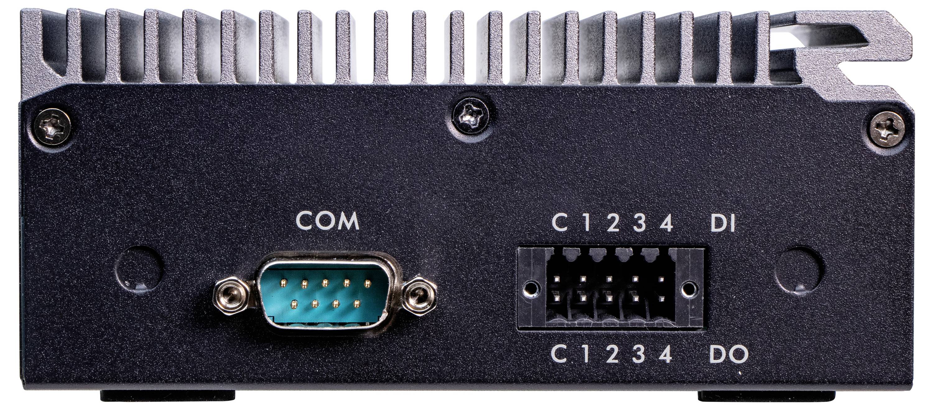 Rückseite eines elektronischen Geräts mit einem COM-Port und einem digitalen I/O-Verbinder.