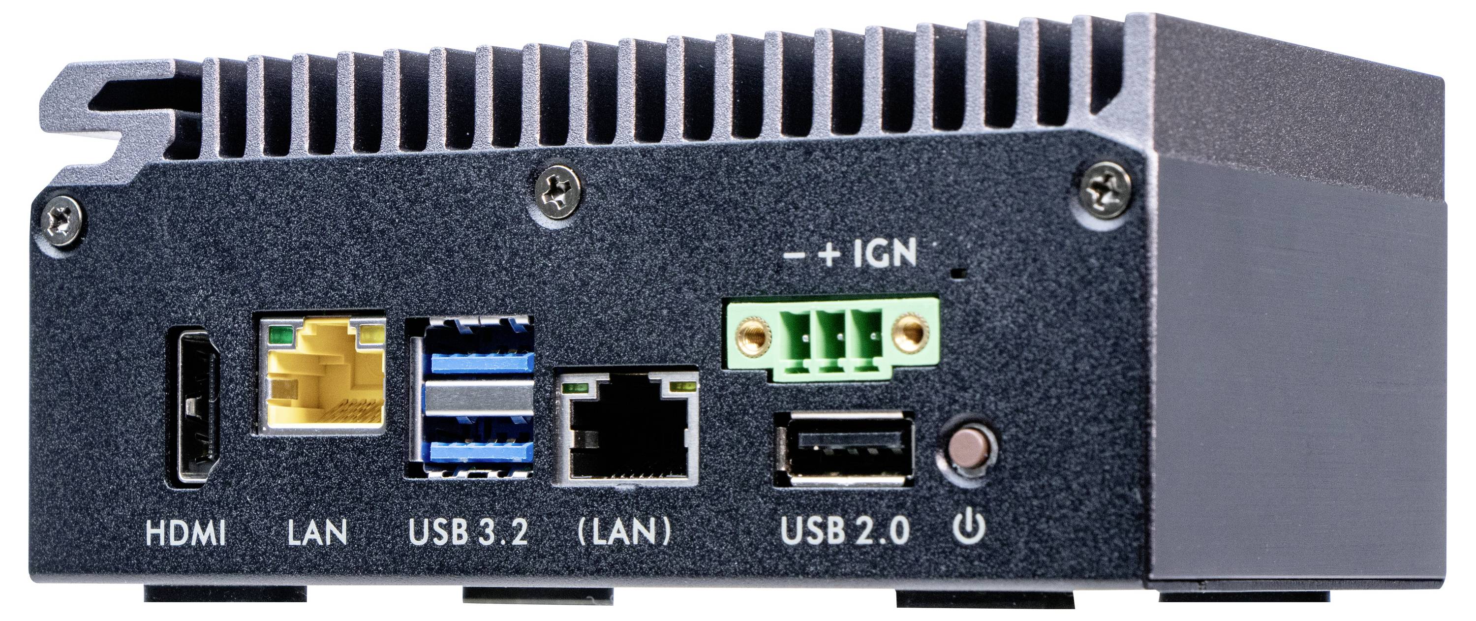 Kompakter Computer mit Anschlüssen: HDMI, LAN, USB 3.2, LAN, USB 2.0. Oben Lüftungsschlitze sichtbar, Tasten für Ein/Aus und -/+ IGN.