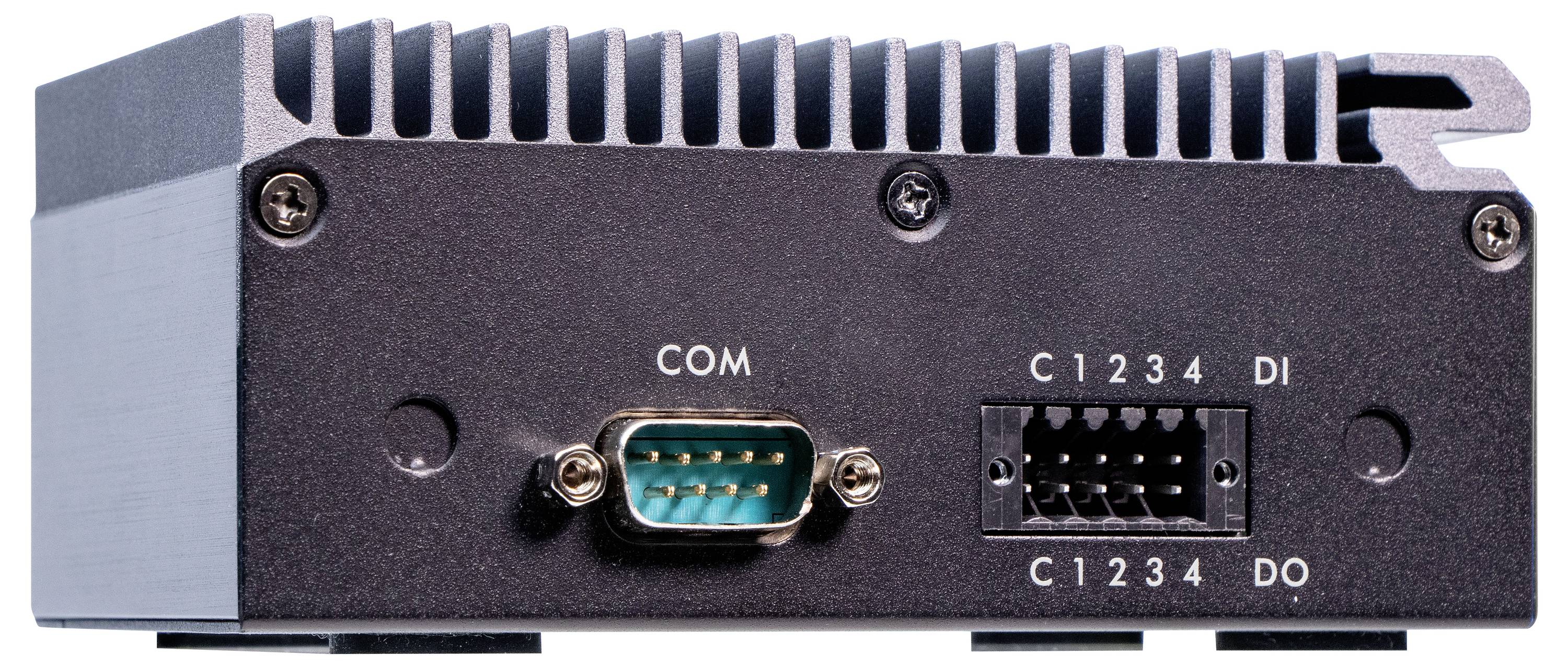 Rückseite eines elektronischen Geräts mit einem COM-Anschluss und mehreren nummerierten Anschlüssen für digitalen Eingang (DI) und Ausgang (DO).
