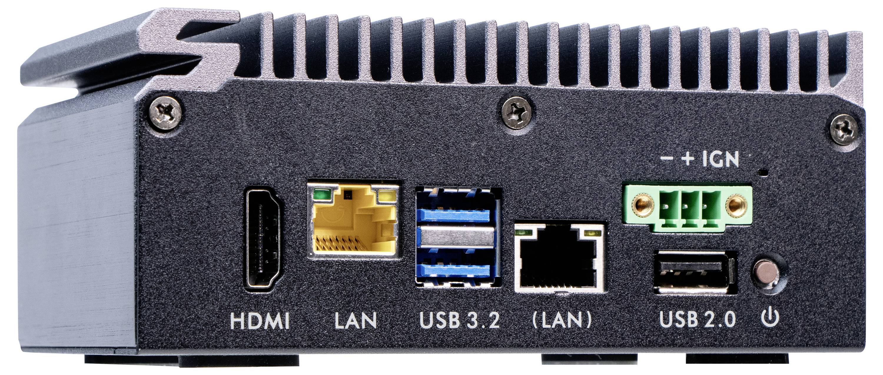 Ein kompakter Computer zeigt Anschlüsse: HDMI, LAN, zwei USB 3.2-Ports, LAN-Anschluss, USB 2.0 und einen Ein-/Aus-Schalter