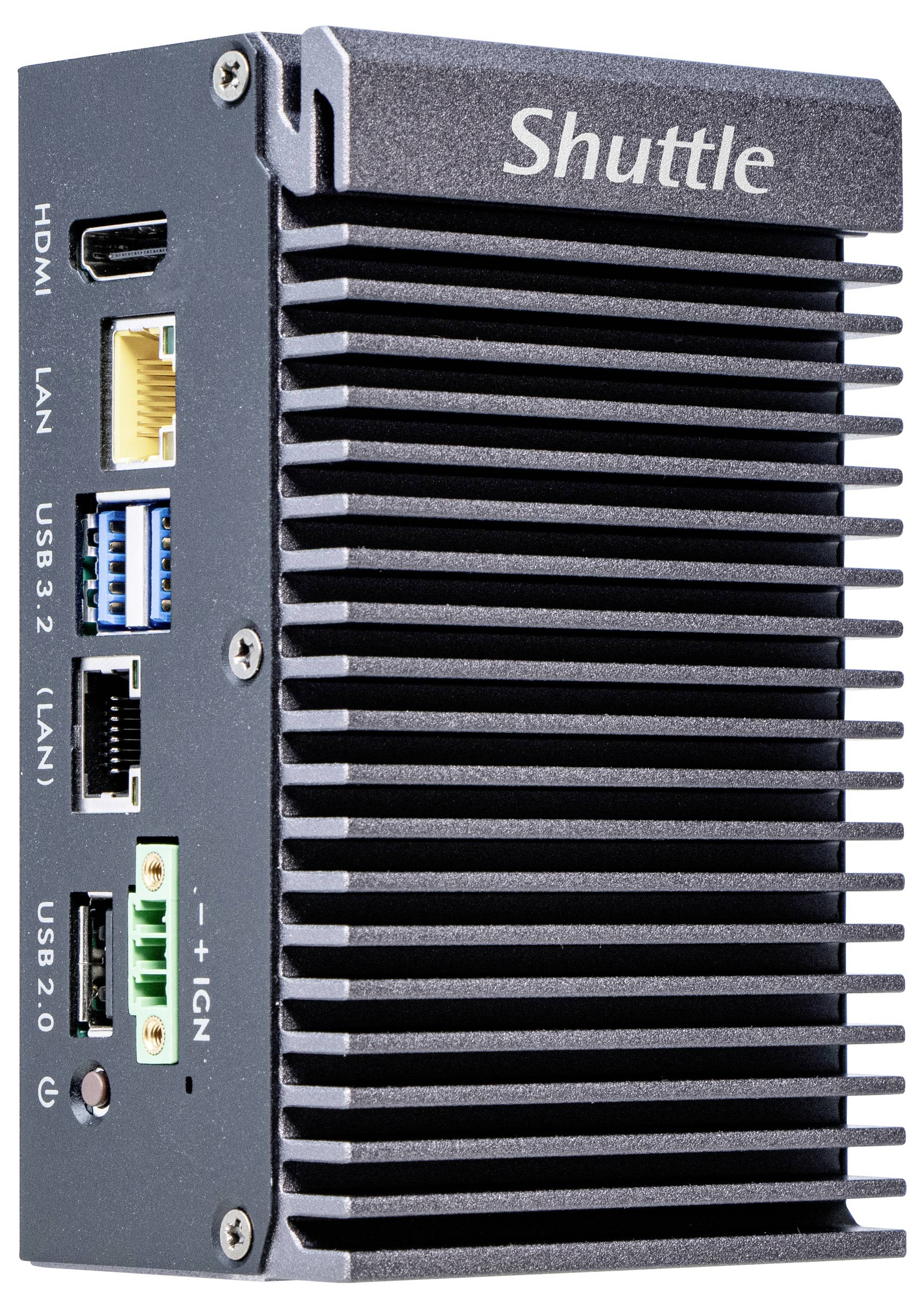 Kleiner, kompakter PC mit mehreren Anschlüssen, darunter HDMI, LAN, USB 3.2 und USB 2.0. Markenname 'Shuttle' oben sichtbar.
