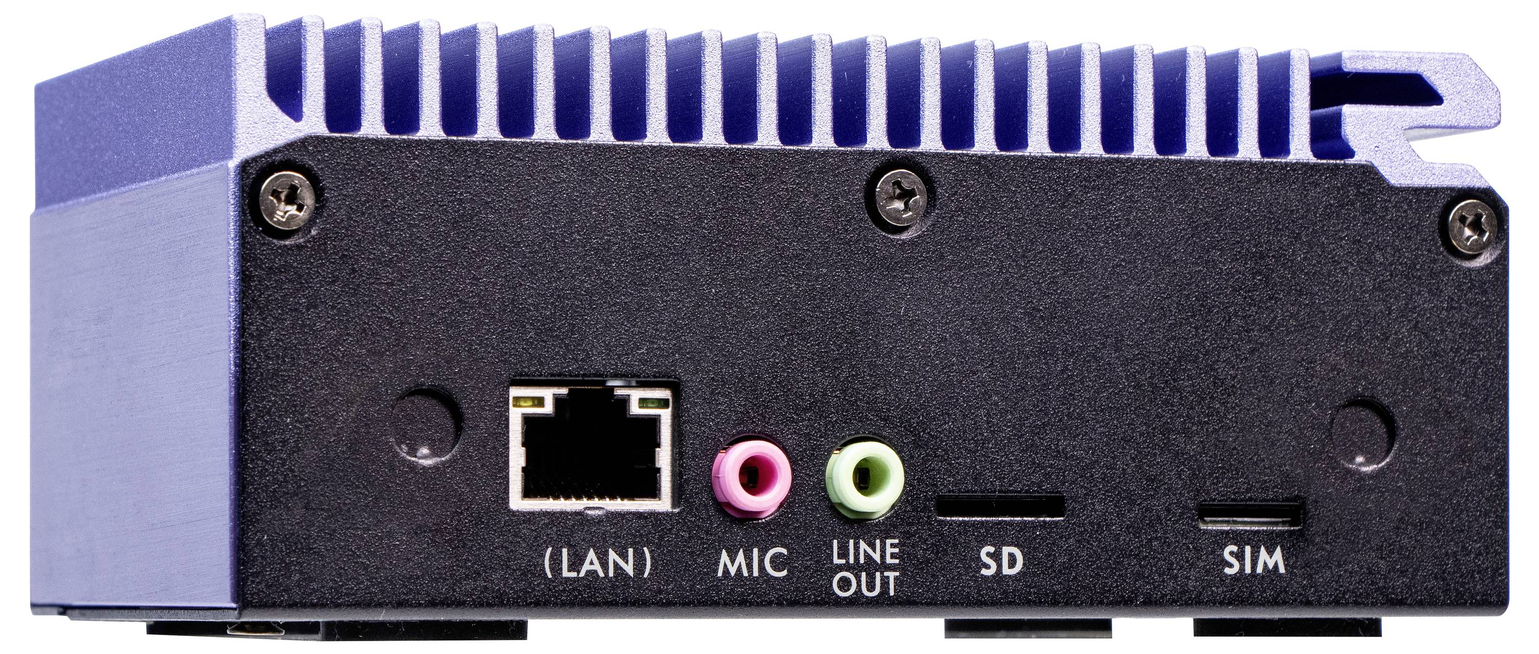 Ein kleines elektronisches Gerät mit Anschlüssen: LAN-Port, Mikrofon, Line Out, SD-Kartensteckplatz und SIM-Kartensteckplatz.
