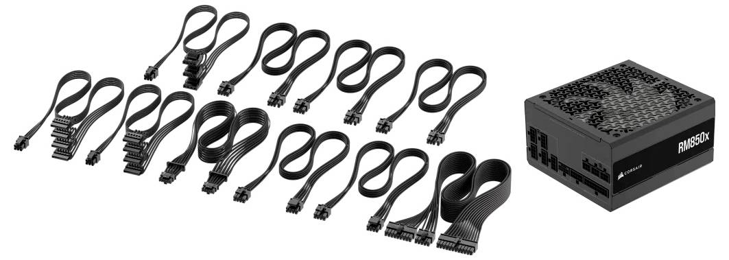 Schwarzes Computernetzteil mit verschiedenen abnehmbaren Kabeln zur Stromversorgung von PC-Komponenten.