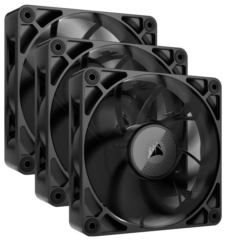 Drei schwarze Computerlüfter in einer diagonalen Anordnung. Sie sind identisch und besitzen transparente Ventilatorblätter.