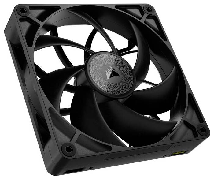 Ein schwarzer Computerlüfter mit kreisförmigen Lüfterblättern, geeignet für Kühlung in PC-Gehäusen.