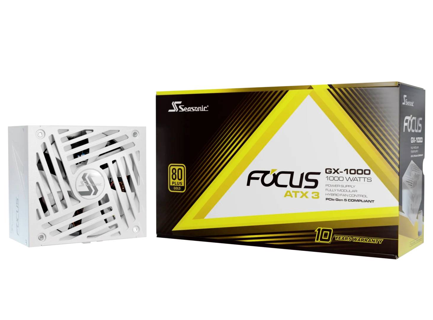 Netzteil Seasonic FOCUS GX-1000 mit 1000 Watt, 80 Plus Gold, zehn Jahre Garantie. Verpackung zeigt Produktdetails und Garantiehinweis.