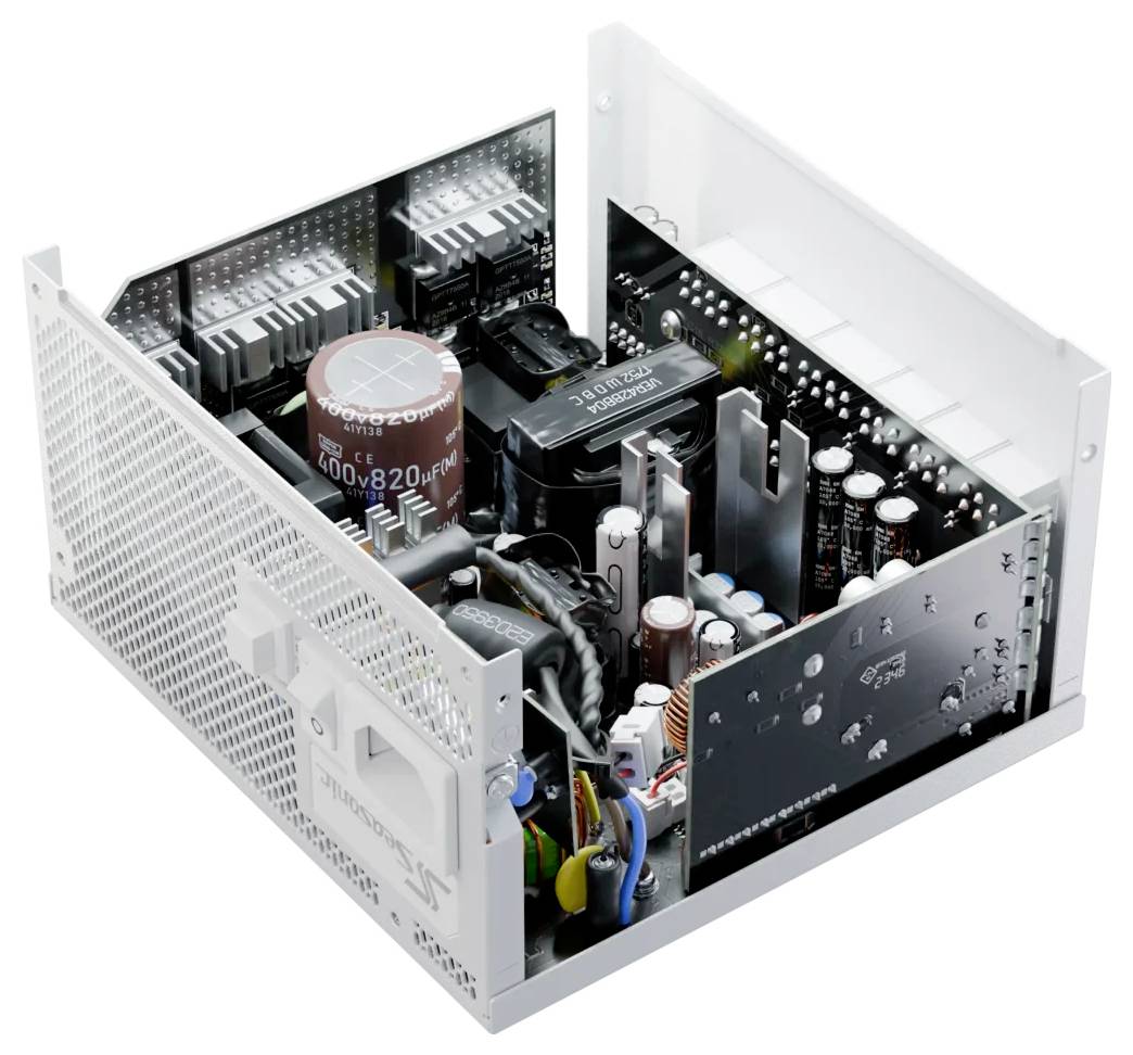 Ein offenes Computer-Netzteil mit verschiedenen elektronischen Komponenten, wie Kondensatoren, Spulen und Kühlkörpern, auf der Platine.