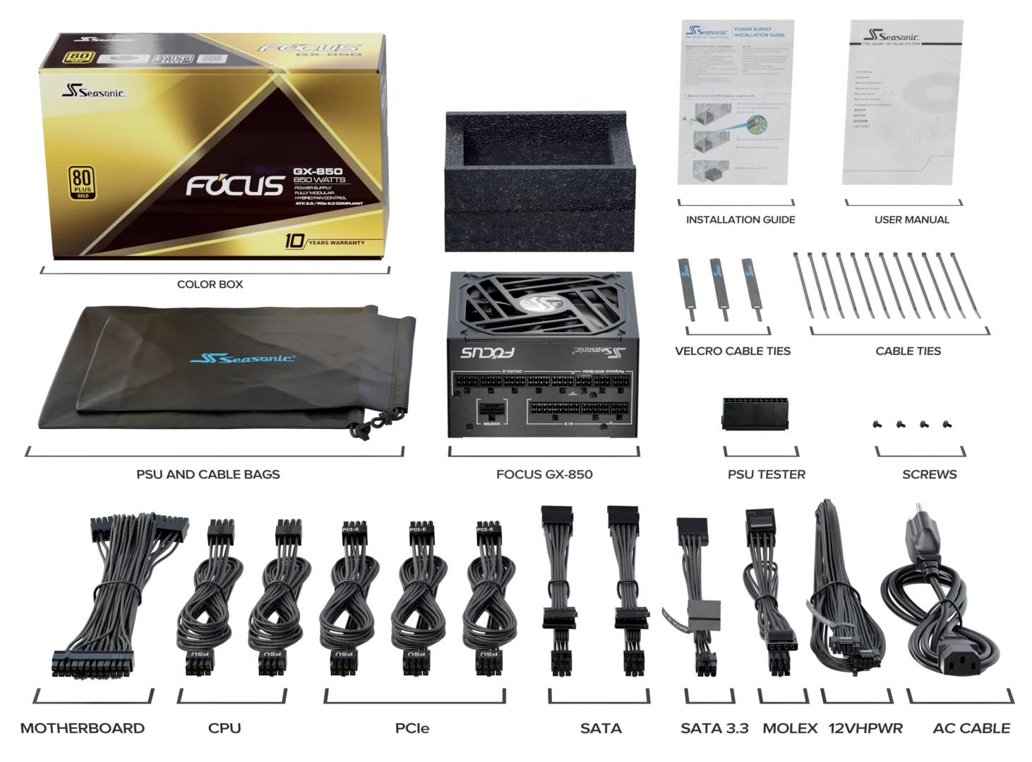 'Netzteil Seasonic Focus GX-850' mit Zubehör: PSU, Kabel, Tester, Schrauben. Enthält Anleitung und Tasche für Organisation.