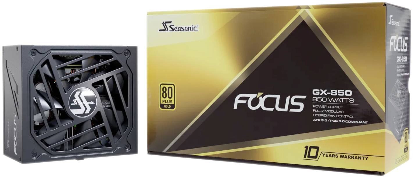 Ein Seasonic Focus GX-850 Netzteil neben der Verpackung. Das Netzteil hat eine goldene 80-Plus-Zertifizierung und eine Garantie von 10 Jahren.