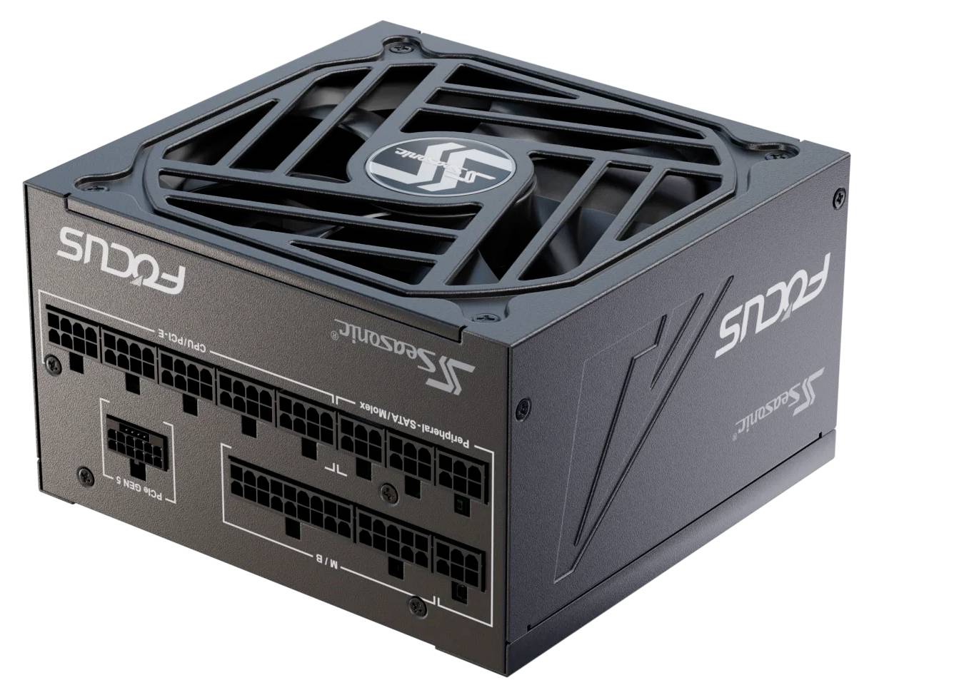 Netzteil der Marke Seasonic, Modell Focus. Schwarzes, quaderförmiges Gerät mit mehreren Anschlüssen und Lüftungsgitter oben.