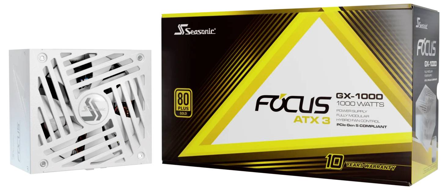 'Seasonic ATX 3 Focus GX-1000'-Netzteil mit 1000 Watt Leistungsabgabe, 80 Plus Gold Zertifizierung. Verpackung zeigt Produktspezifikationen.
