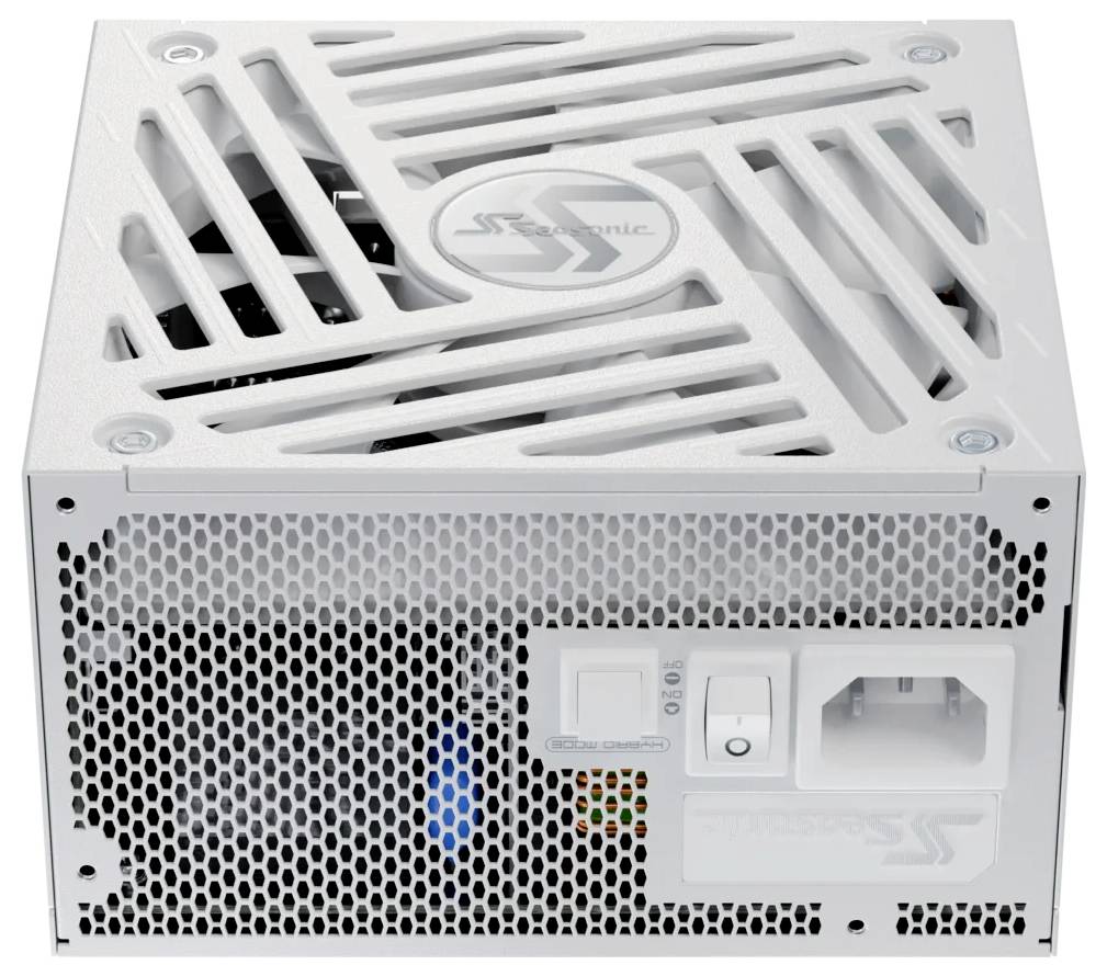 Ein weißes Computer-Netzteil mit Lüftungsgitter und Ein-/Ausschalter, Rückseite mit Lüfter und Netzanschluss.