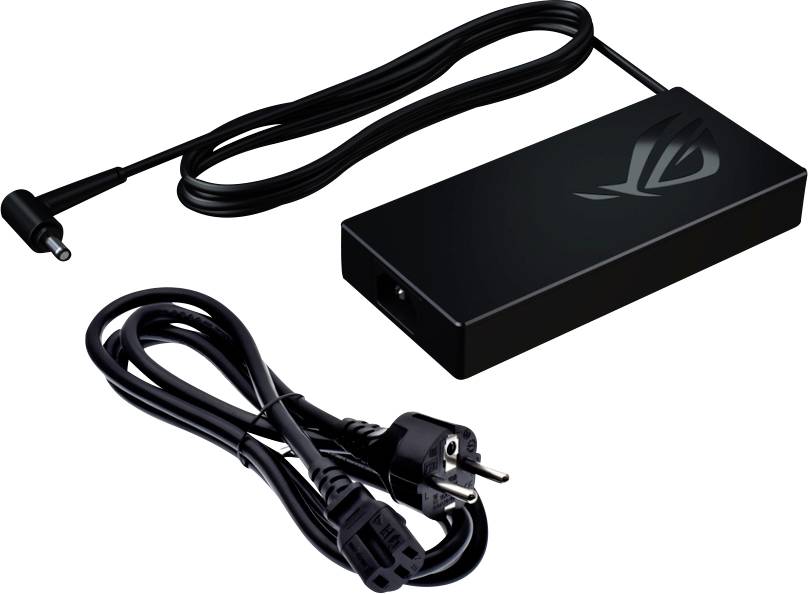 Laptop-Netzteil mit zwei Kabeln: Stromkabel und Anschlusskabel mit rechteckigem Adapter, auf dem ein Logo sichtbar ist.